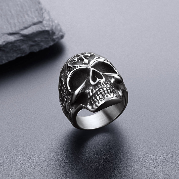 Gothic Punk Cross Sugar Skull Stainless Steel Ring for Men