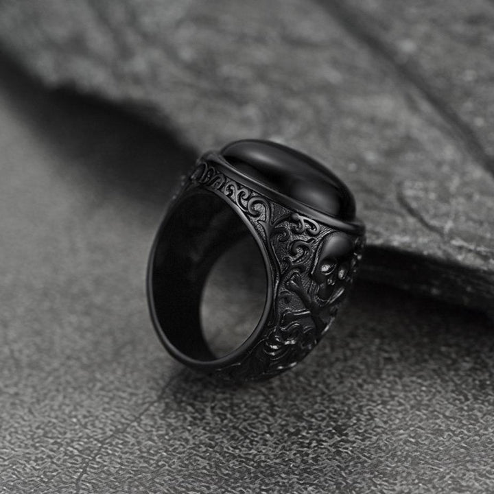 Gothic Black Onyx Signet Ring with Skull for Men