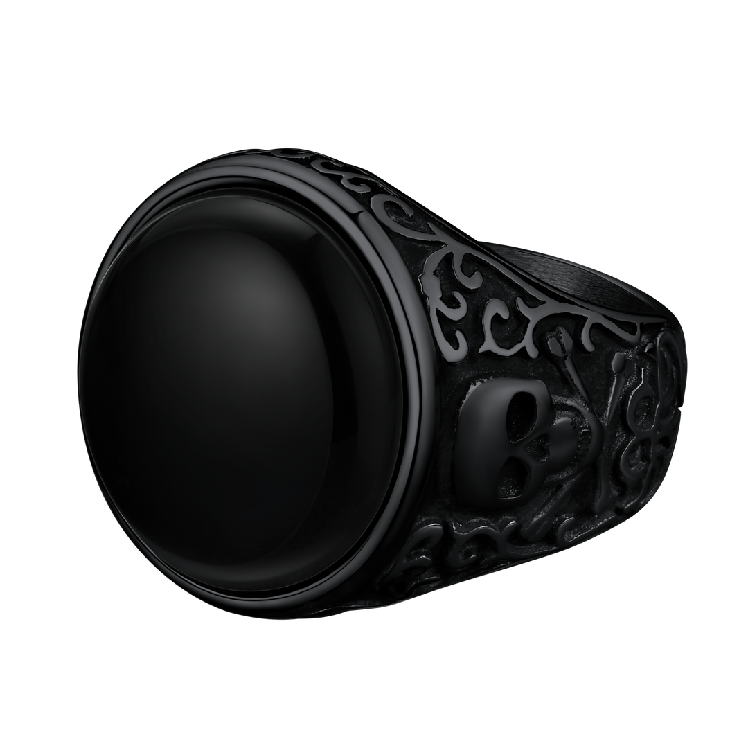 Gothic Black Onyx Signet Ring with Skull for Men