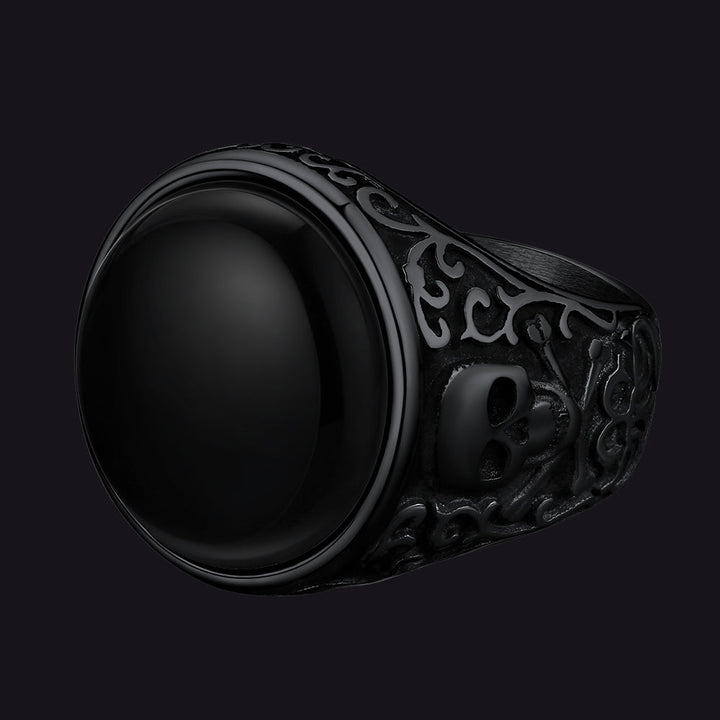 Gothic Black Onyx Signet Ring with Skull for Men
