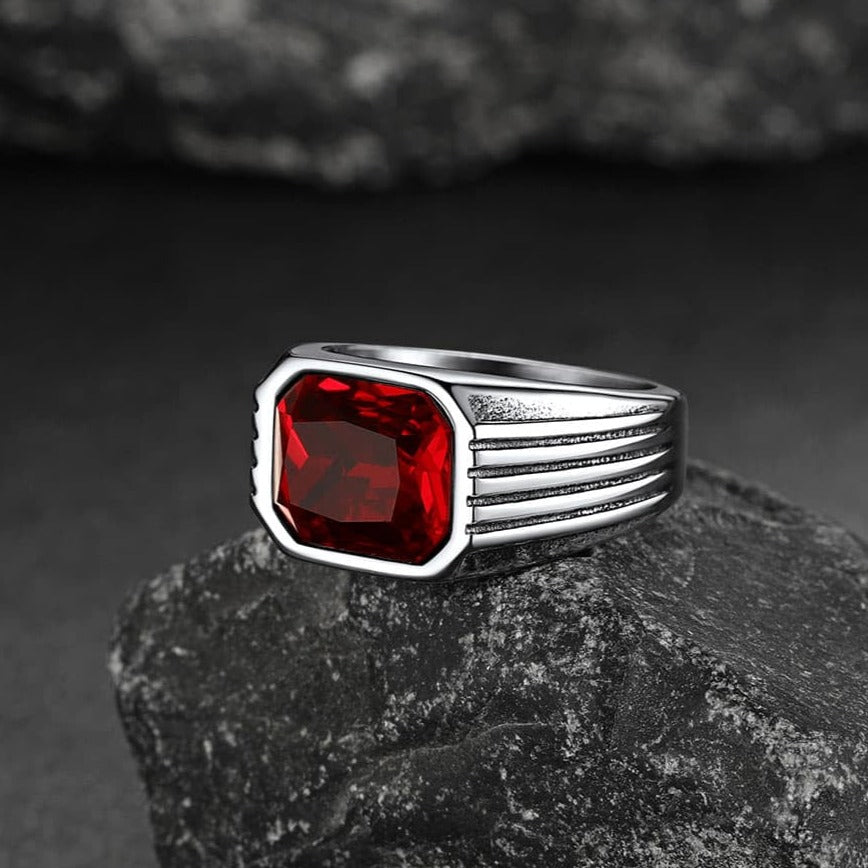 Stainless Steel Striped Stone Ring for Men, Size 7-14
