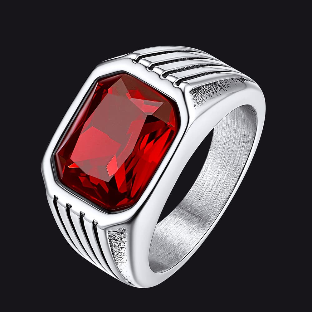 Stainless Steel Striped Stone Ring for Men, Size 7-14