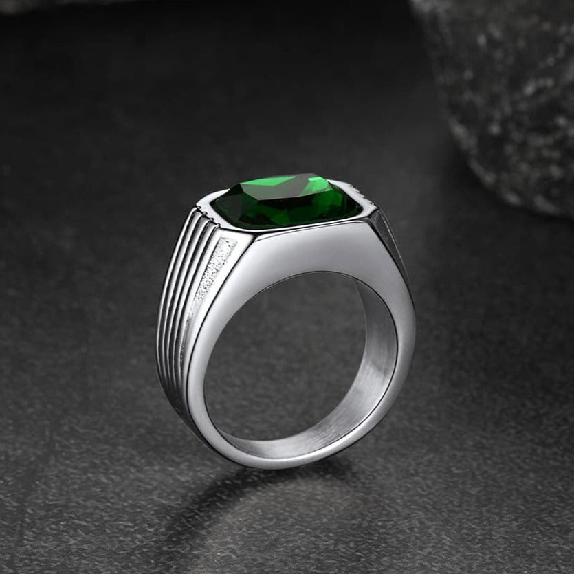 Stainless Steel Striped Stone Ring for Men, Size 7-14