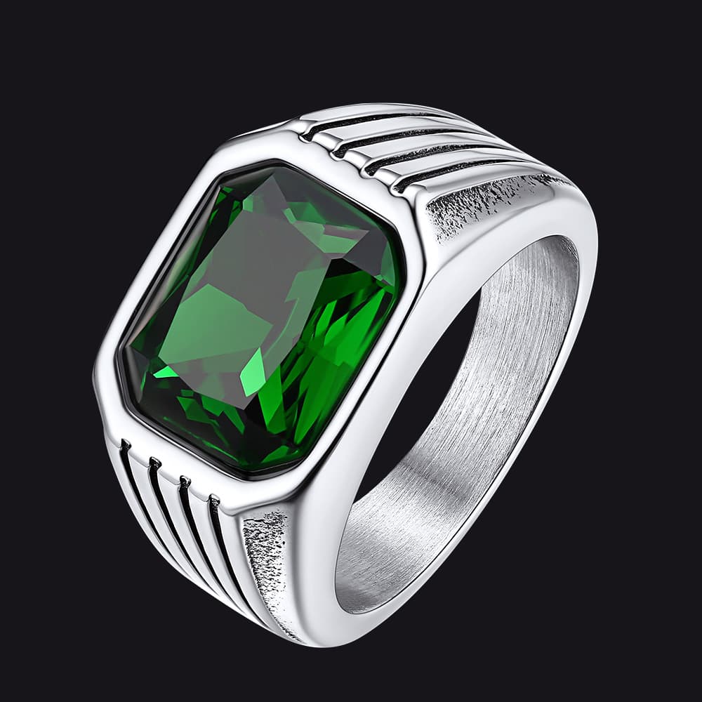 Stainless Steel Striped Stone Ring for Men, Size 7-14
