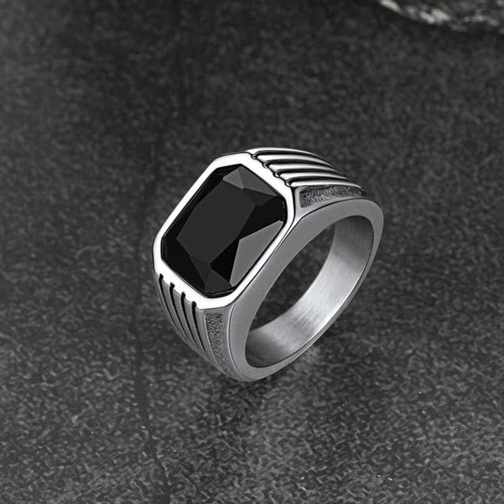 Stainless Steel Striped Stone Ring for Men, Size 7-14