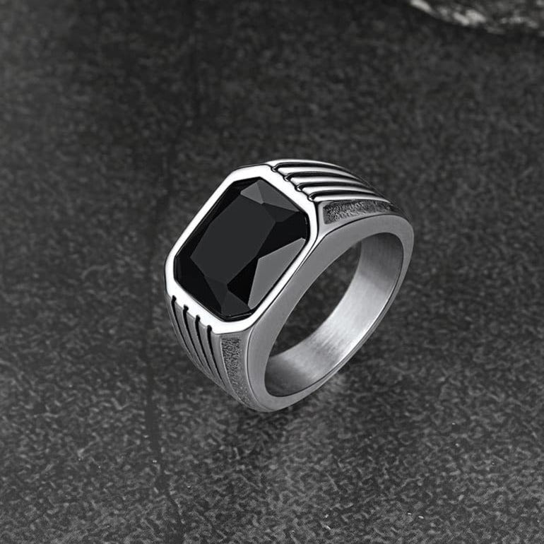 Stainless Steel Striped Stone Ring for Men, Size 7-14