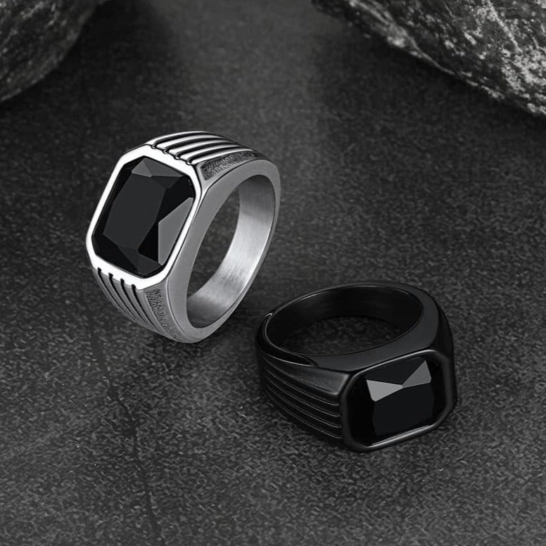 Stainless Steel Striped Stone Ring for Men, Size 7-14