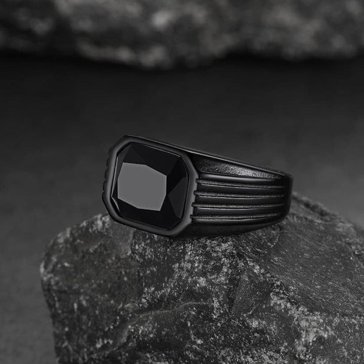 Stainless Steel Striped Stone Ring for Men, Size 7-14