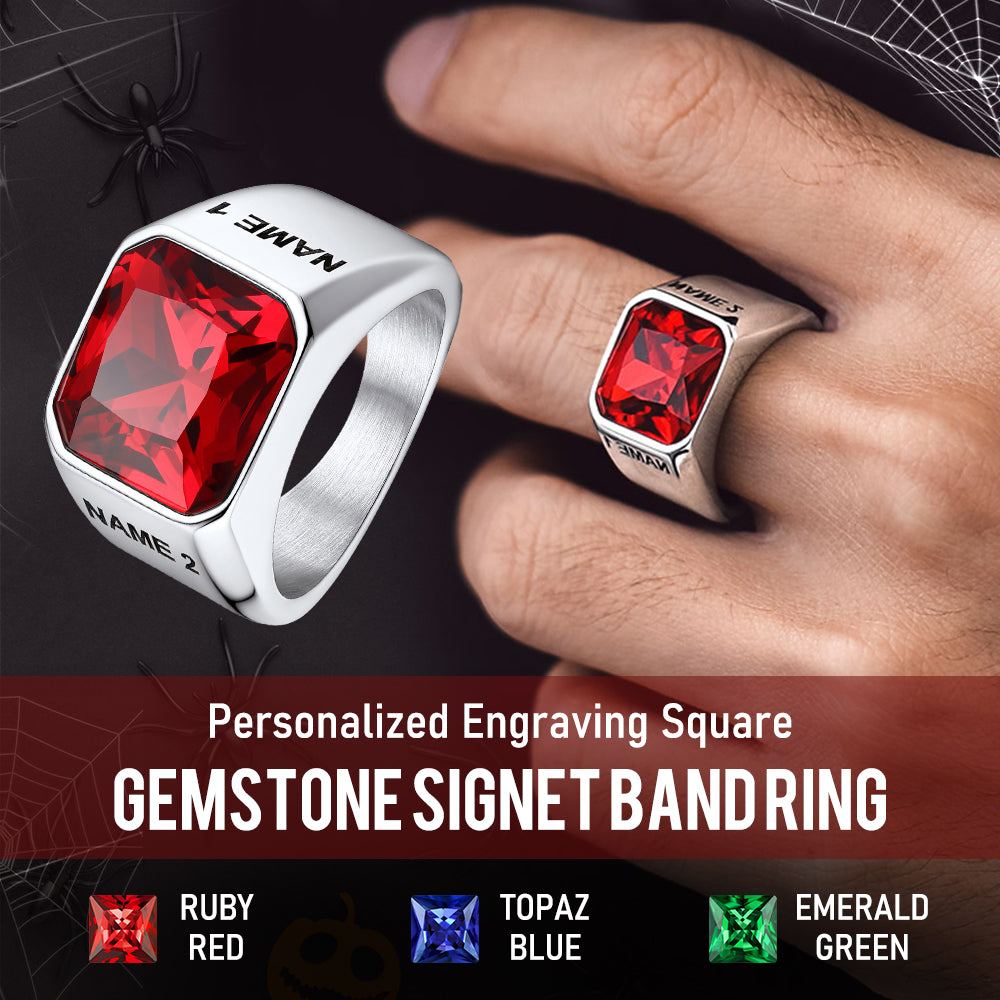 Modern CZ Gemstone Engraved Name Band Ring for Men Father