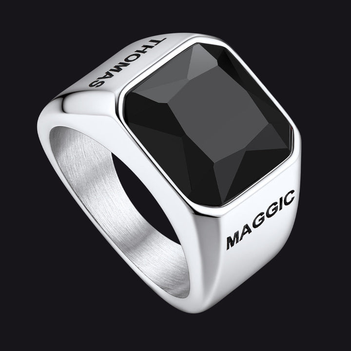 Modern CZ Gemstone Engraved Name Band Ring for Men Father