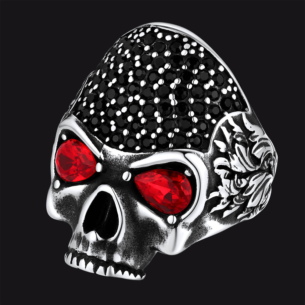 Biker Red Eye Skull Ring for Men in Stainless Steel