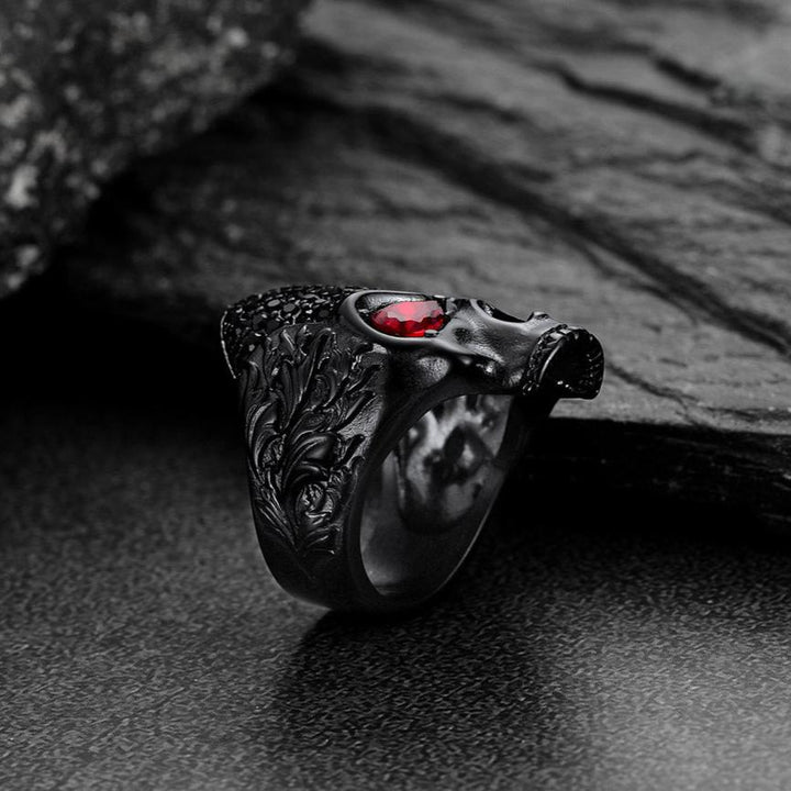 Biker Red Eye Skull Ring for Men in Stainless Steel