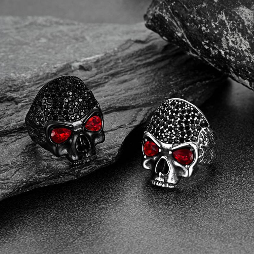 Biker Red Eye Skull Ring for Men in Stainless Steel