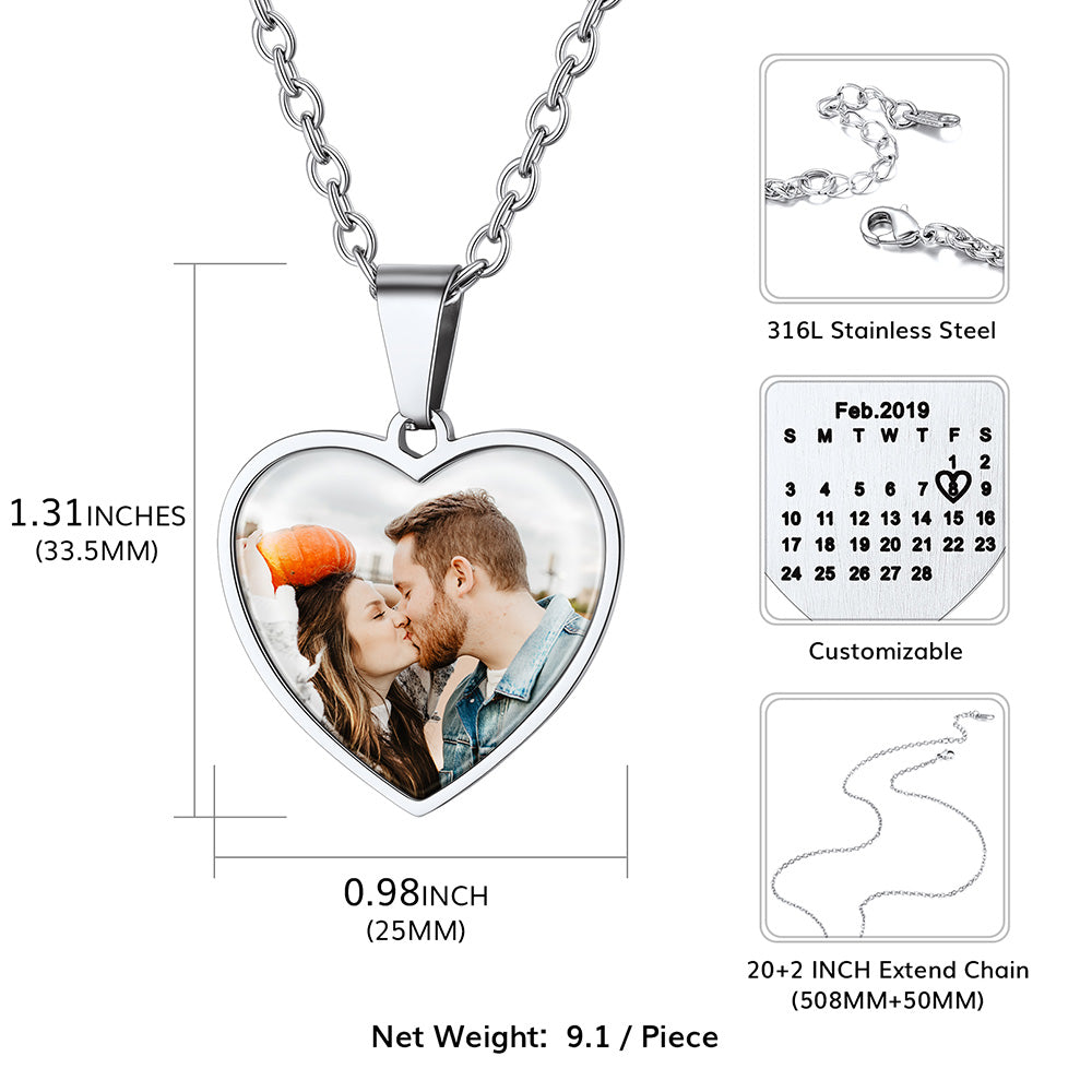 Customized Heart Photo Picture Necklace with Calendar for Women