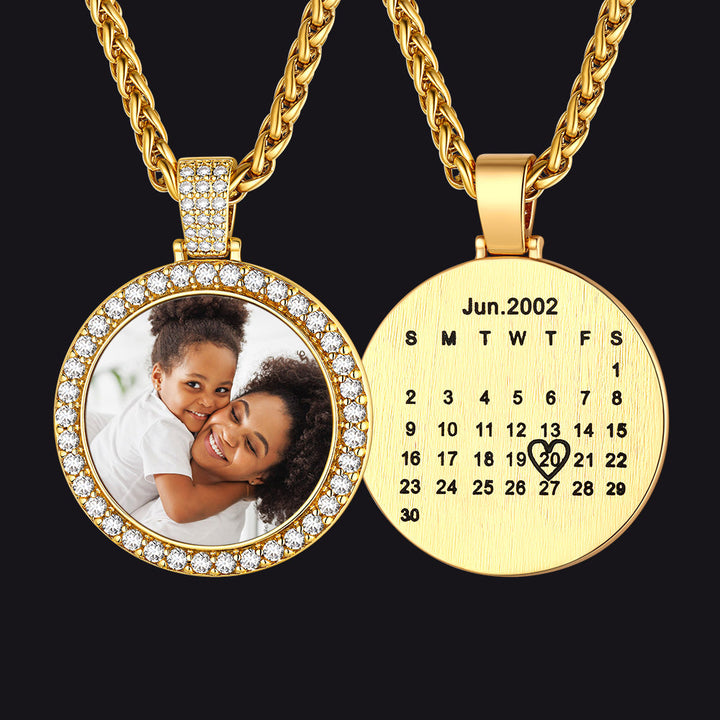 Customized CZ Picture Circle Chain Necklace with Calendar for Men Women