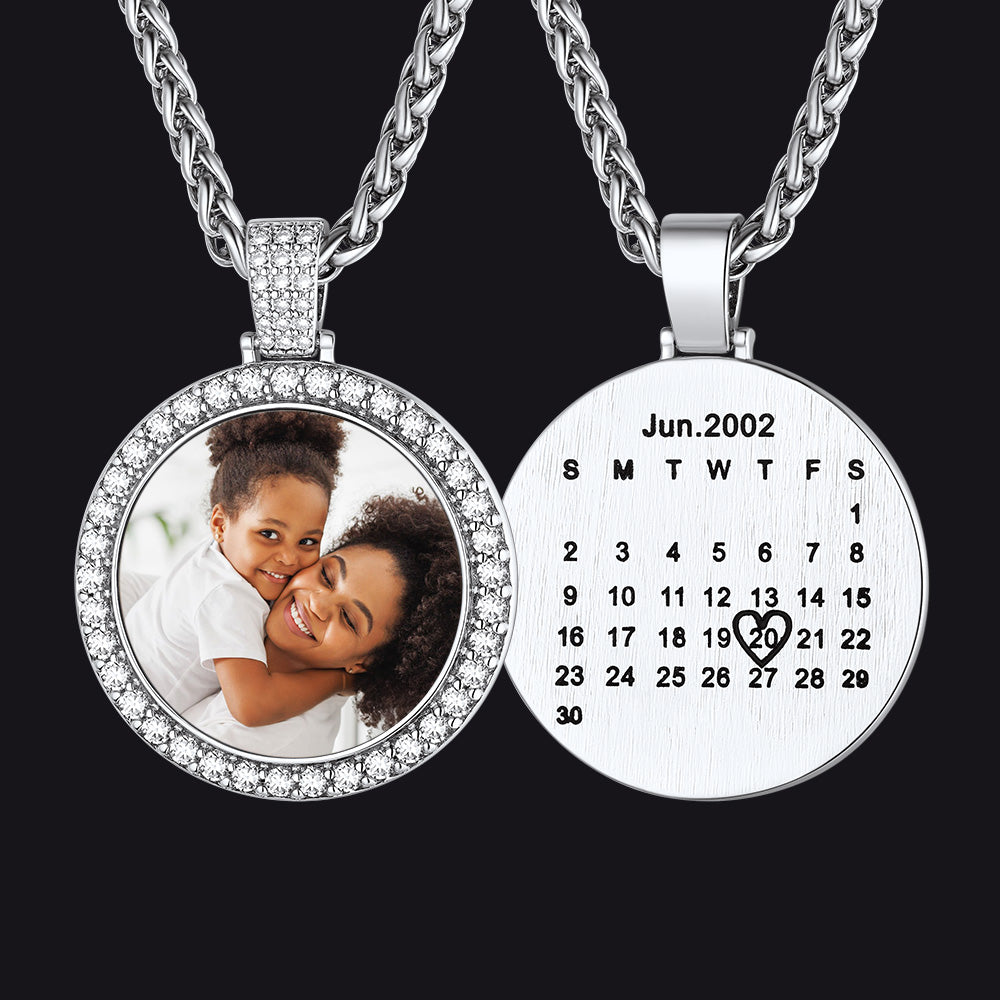 Customized CZ Picture Circle Chain Necklace with Calendar for Men Women