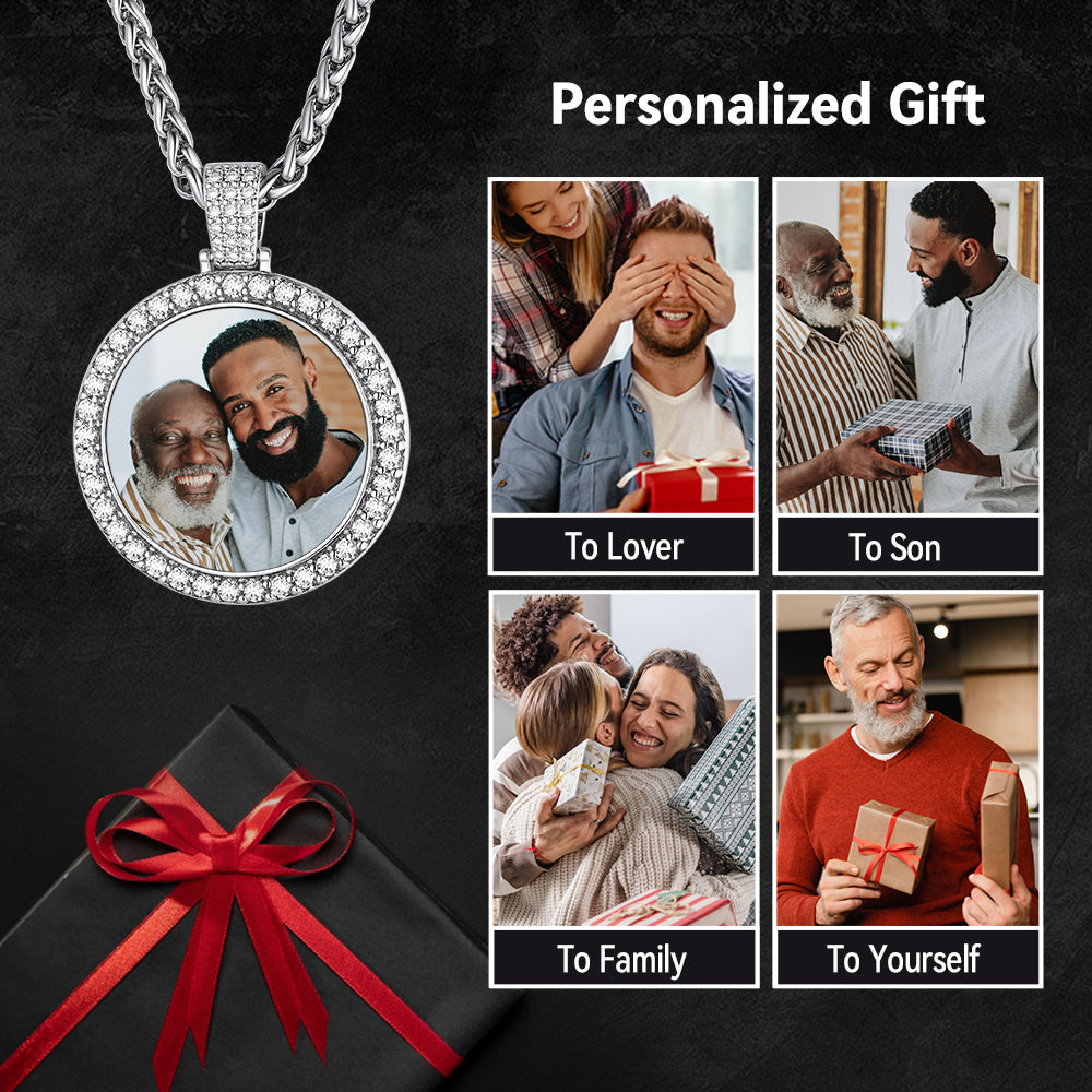 Customized CZ Picture Circle Chain Necklace with Calendar for Men Women