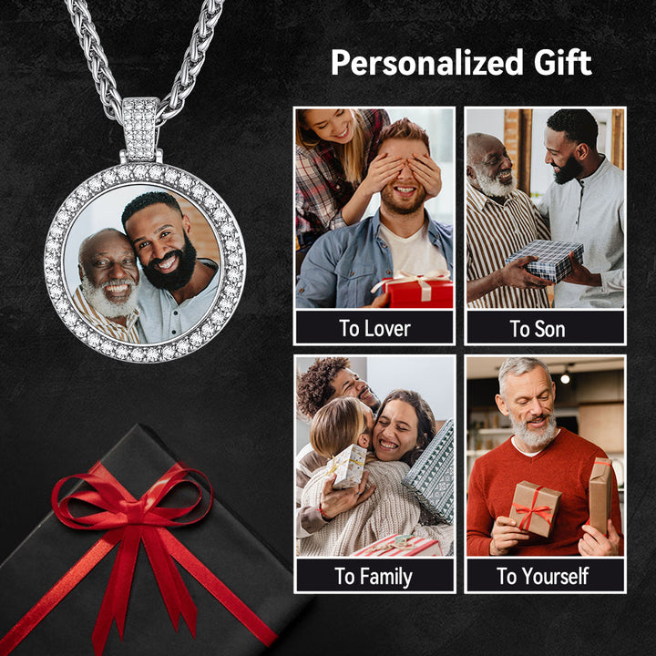 Customized CZ Picture Circle Chain Necklace with Calendar for Men Women