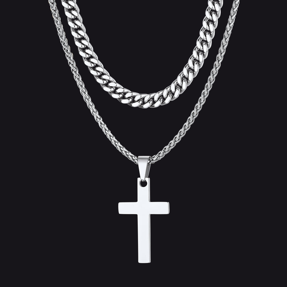 Miami Cuban Chain & Cross Layered Necklaces Set for Men