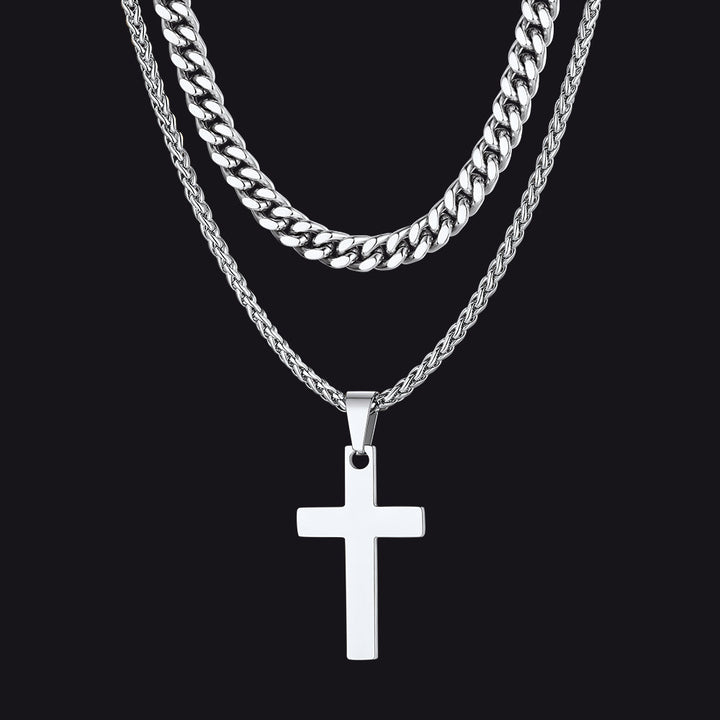 Miami Cuban Chain & Cross Layered Necklaces Set for Men