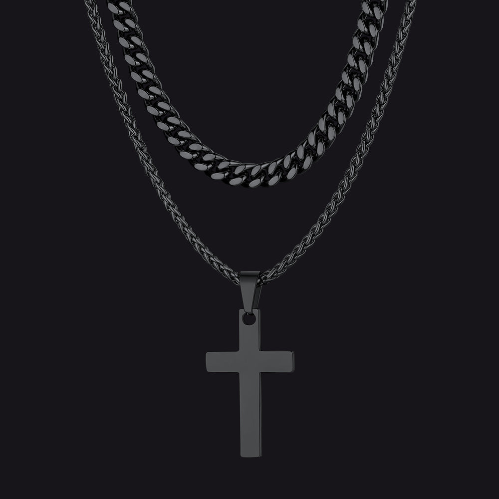 Miami Cuban Chain & Cross Layered Necklaces Set for Men