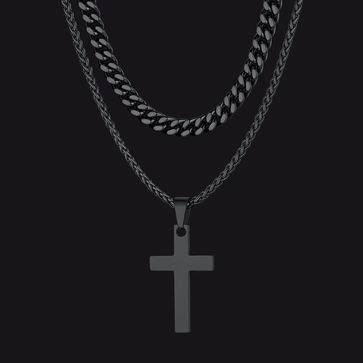 Miami Cuban Chain & Cross Layered Necklaces Set for Men
