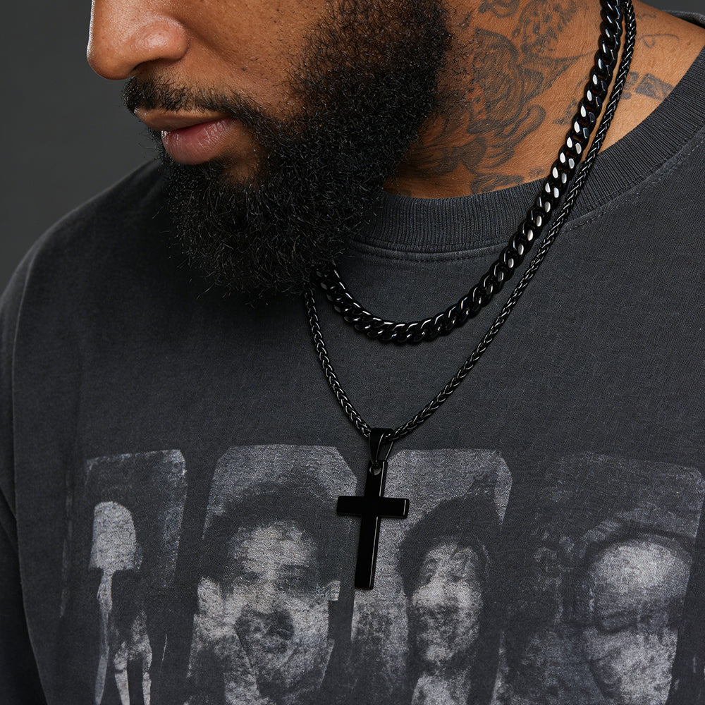 Miami Cuban Chain & Cross Layered Necklaces Set for Men