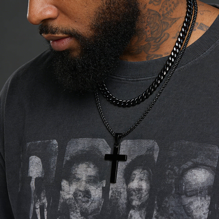 Miami Cuban Chain & Cross Layered Necklaces Set for Men