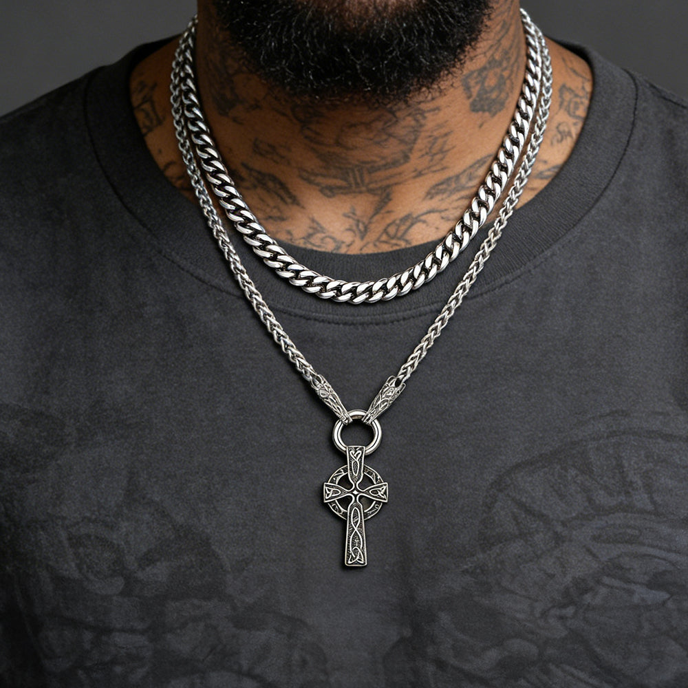 Miami Cuban Chain & Celtic Knot Cross Necklace Set for Men