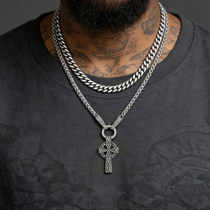 Miami Cuban Chain & Celtic Knot Cross Necklace Set for Men