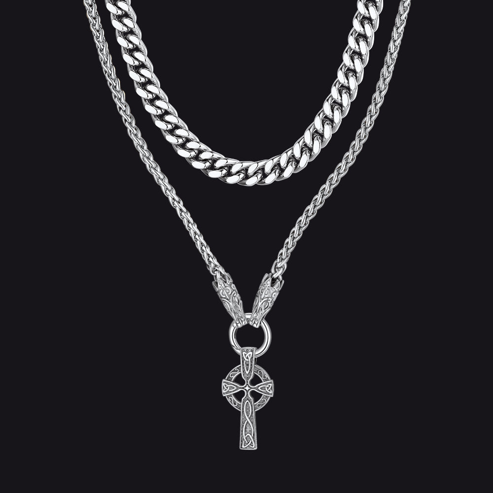 Miami Cuban Chain & Celtic Knot Cross Necklace Set for Men