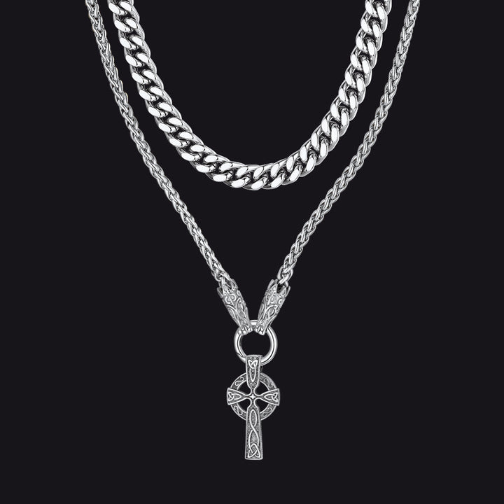Miami Cuban Chain & Celtic Knot Cross Necklace Set for Men