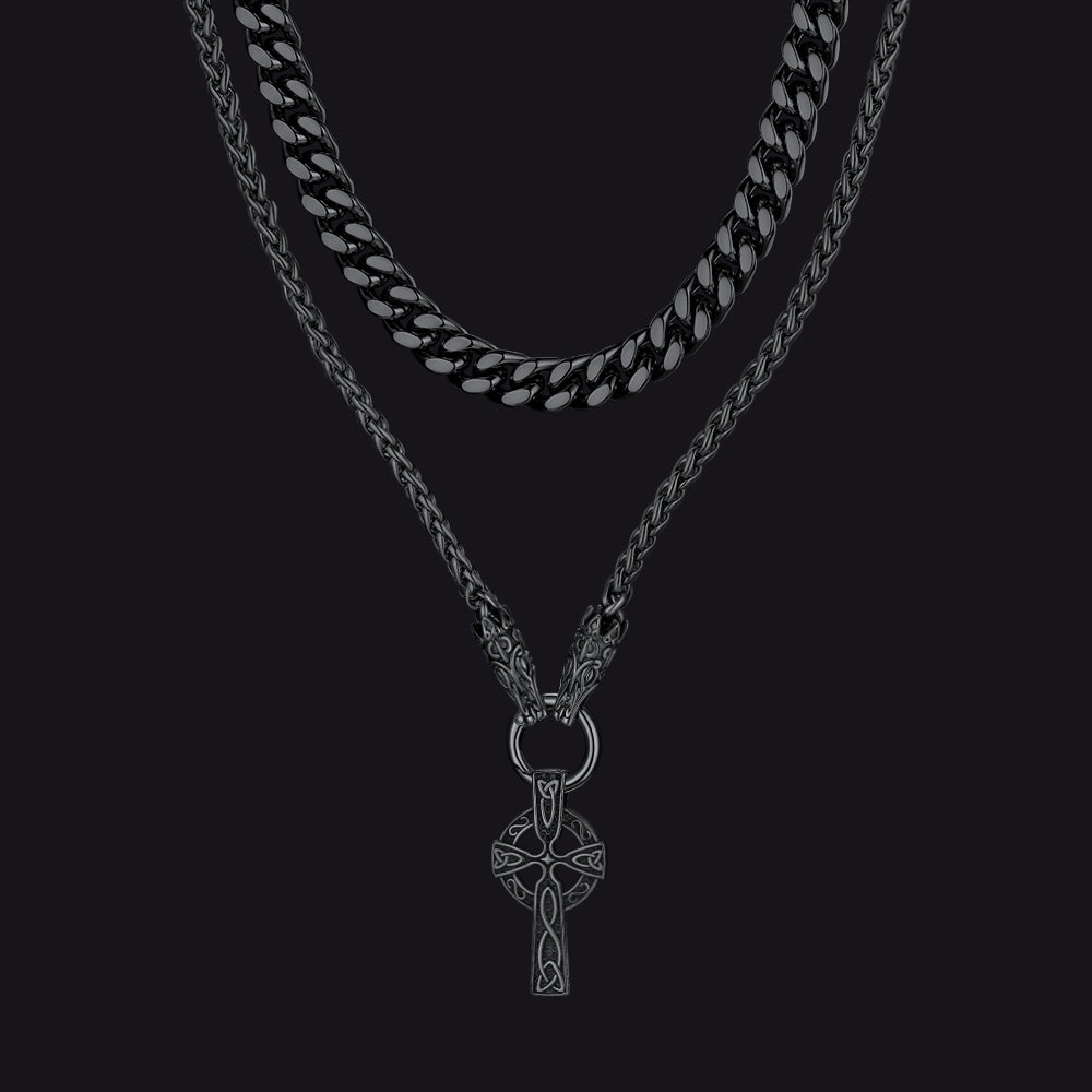 Miami Cuban Chain & Celtic Knot Cross Necklace Set for Men