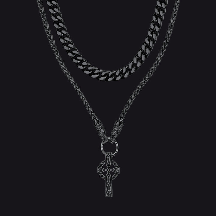 Miami Cuban Chain & Celtic Knot Cross Necklace Set for Men