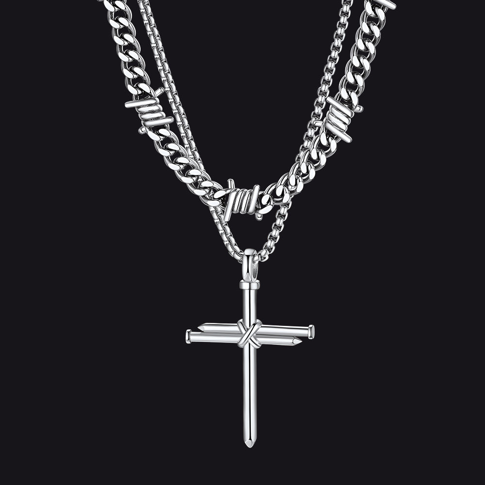 Barbed Wire Cuban Chain & Nail Cross Layered Necklaces Set for Men