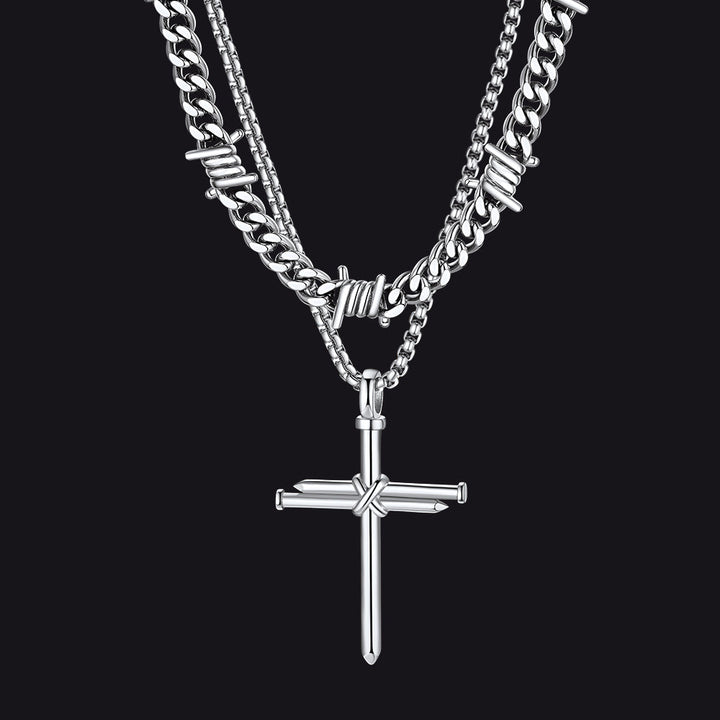 Barbed Wire Cuban Chain & Nail Cross Layered Necklaces Set for Men