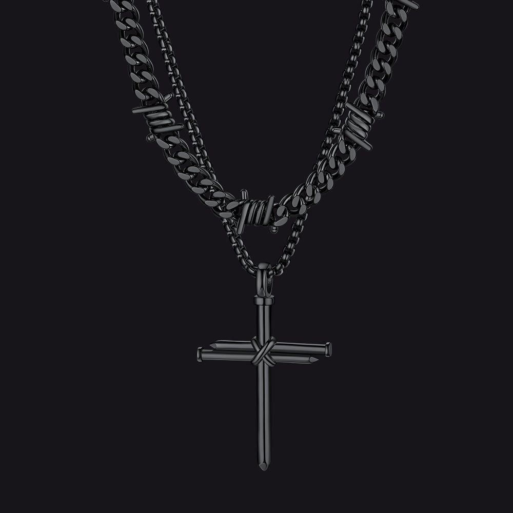 Barbed Wire Cuban Chain & Nail Cross Layered Necklaces Set for Men