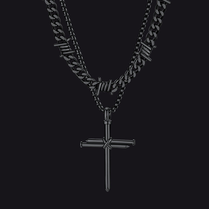 Barbed Wire Cuban Chain & Nail Cross Layered Necklaces Set for Men