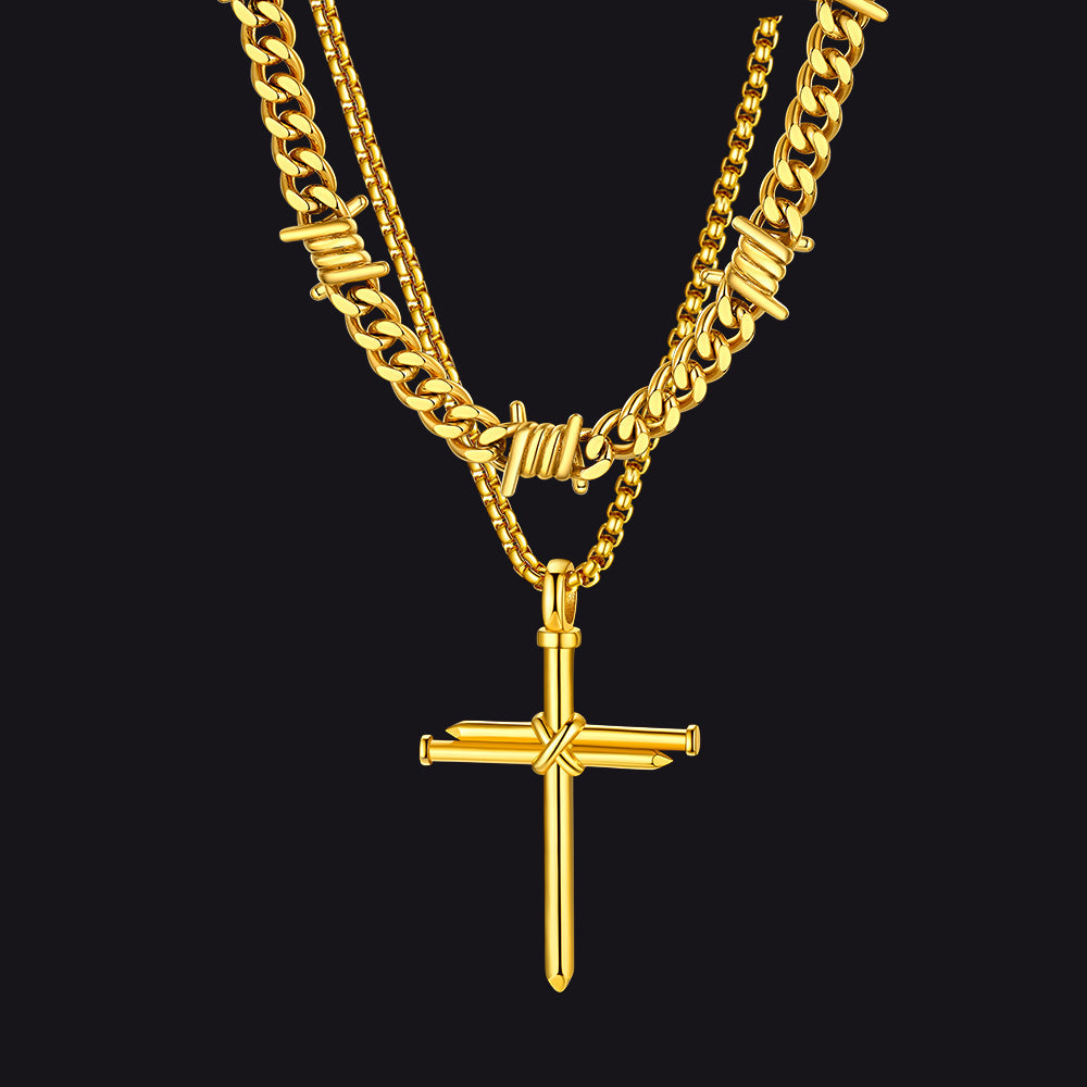 Barbed Wire Cuban Chain & Nail Cross Layered Necklaces Set for Men
