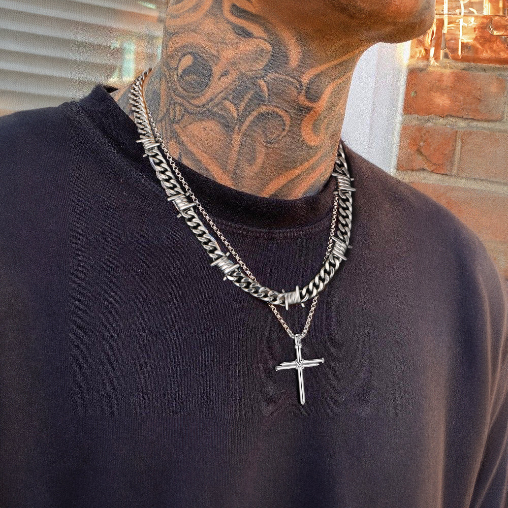Barbed Wire Cuban Chain & Nail Cross Layered Necklaces Set for Men