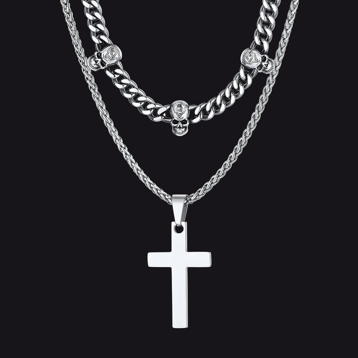 Gothic Skull Cuban Chain & Cross Layered Pendant Set for Men