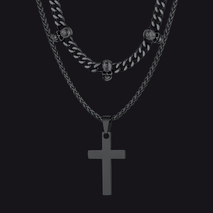 Gothic Skull Cuban Chain & Cross Layered Pendant Set for Men
