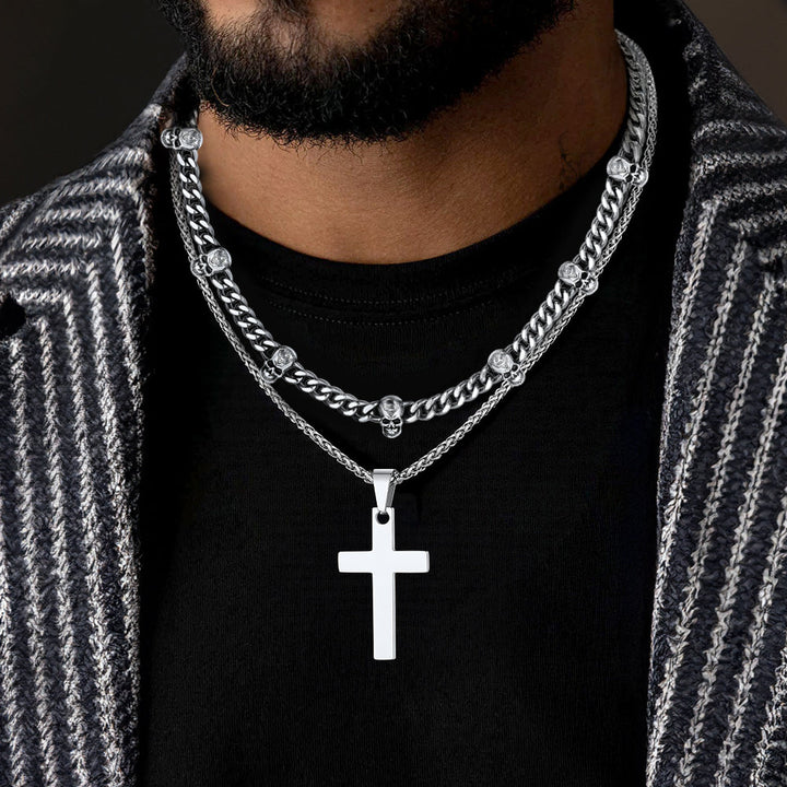 Gothic Skull Cuban Chain & Cross Layered Pendant Set for Men