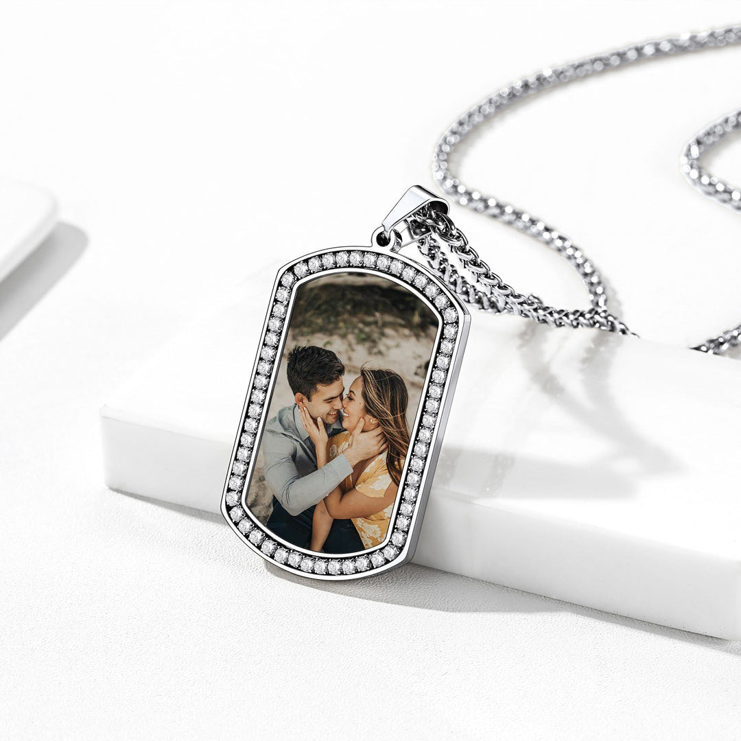 Customized Picture Dog Tag Necklace with Cubic Zirconia Memorial Gift for Men Women