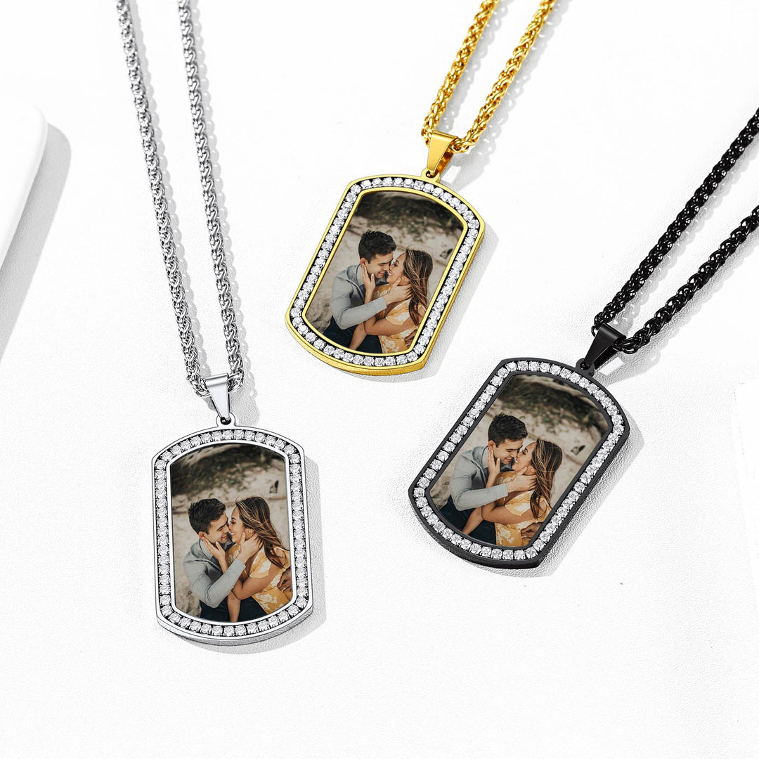 Customized Picture Dog Tag Necklace with Cubic Zirconia Memorial Gift for Men Women