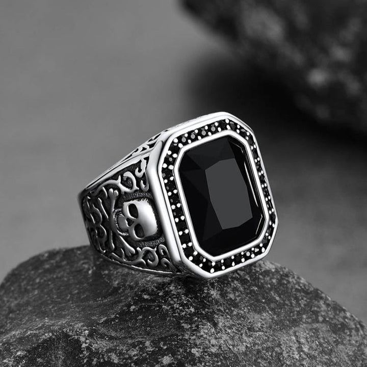 Gothic Skull Black Onyx Stone Signet Ring for Men