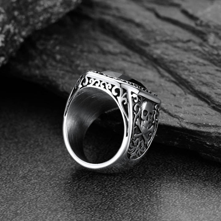 Gothic Skull Black Onyx Stone Signet Ring for Men