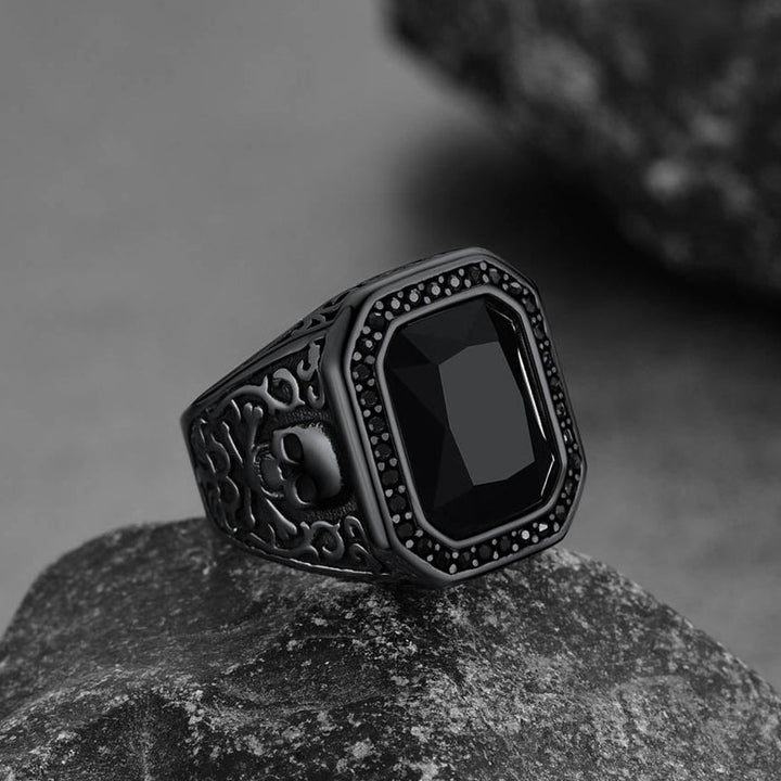 Gothic Skull Black Onyx Stone Signet Ring for Men