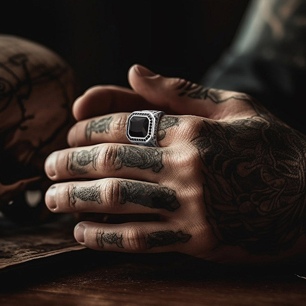 Gothic Skull Black Onyx Stone Signet Ring for Men
