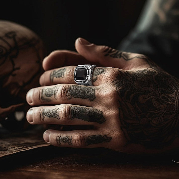 Gothic Skull Black Onyx Stone Signet Ring for Men